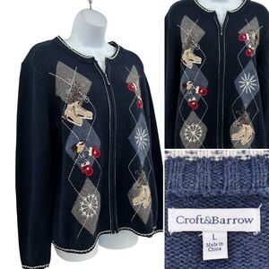 Croft & Barrow Argyle Embroidered Cardigan Sweater Sz. L Ice Skates Vintage
